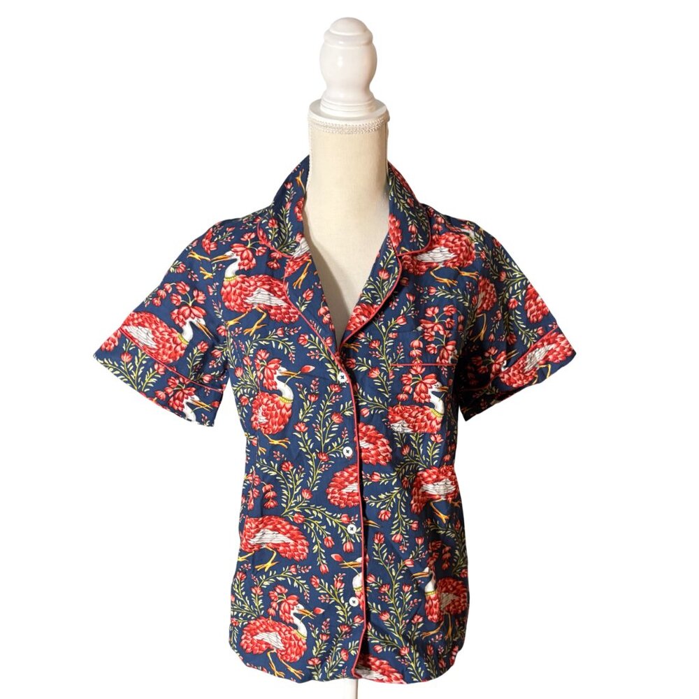 Printfresh Queen Lotus Button Down Pajama Top XS floral bird print navy shirt - Picture 3 of 8